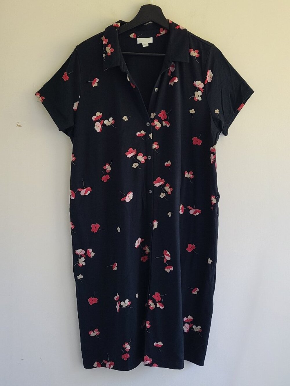 J Jill Dress L Black Floral Collared T-shirt Casual Knee Length Lounge Print